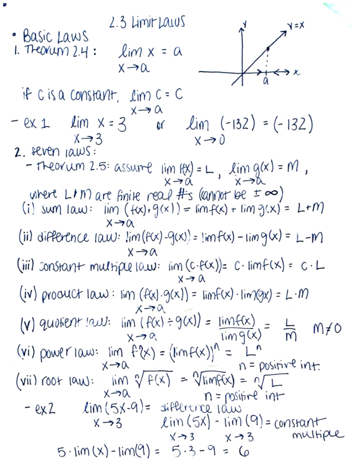 2.3 Limit Laws - V=X 0 X Lim X= Xa Or X 7 A Xa X > A 2 Limir Laws Basic ...