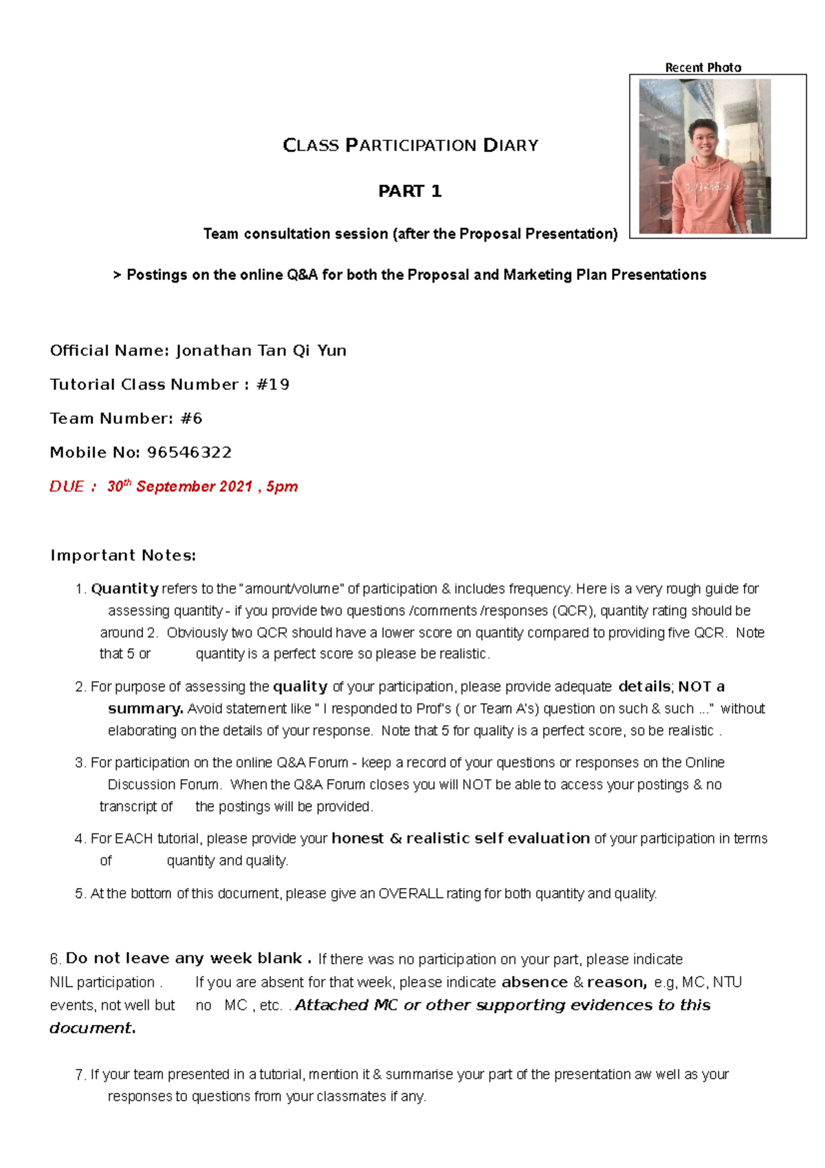 Class Participation Diary 1 Jonathan Tan (Marketing Tut 19) - Recent ...