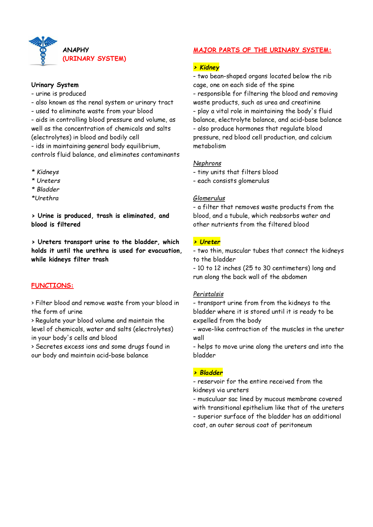 Urinary- System- Reviewer - Anaphy (urinary System) Urinary System 