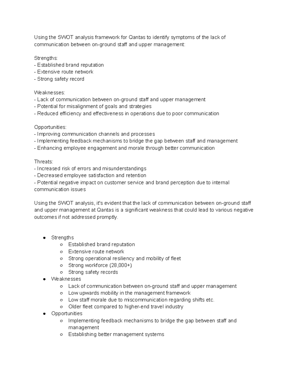 Week Using The Swot Analysis Framework For Qantas To Identify Symptoms Of The Lack Of