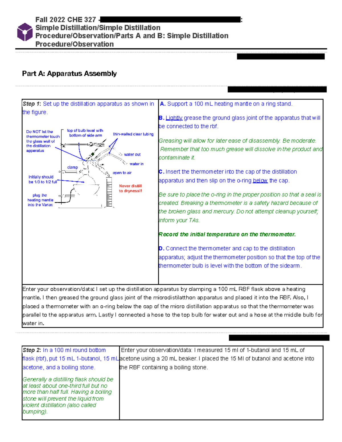 Simple distillation lab report Fall 2022 CHE 327 Julia Varricchio