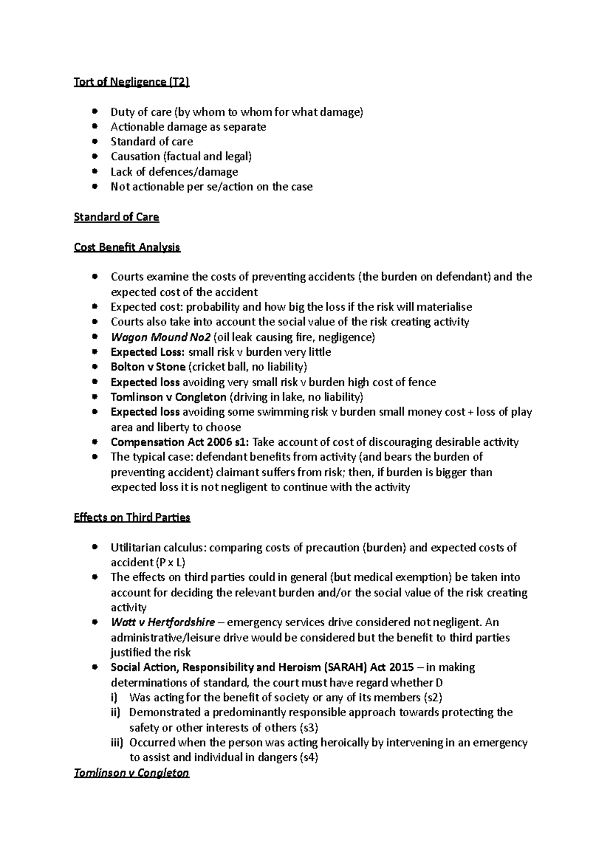 Tort of Negligence - Lecture Notes - Tort of Negligence (T2) Duty of ...