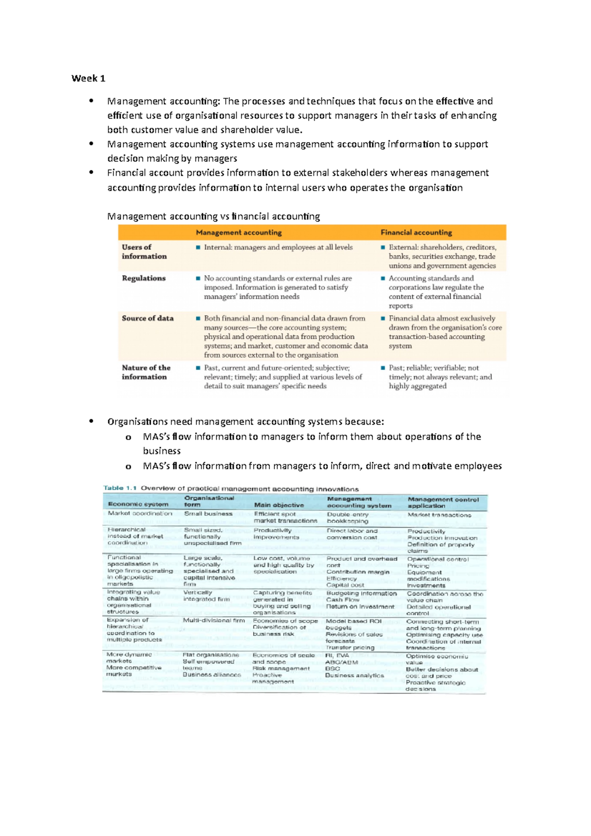 IDC Summary Lecture notes for IDC Week 1 Management accounting The