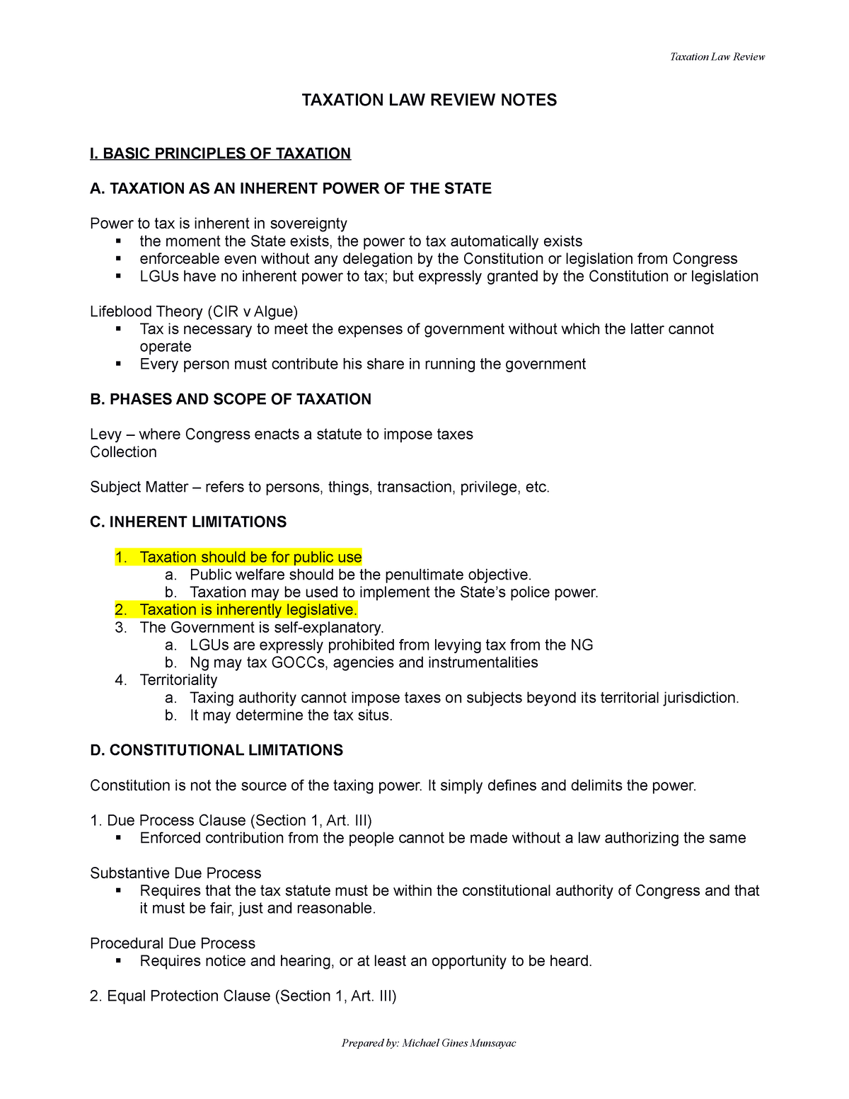 Taxation Law Reviewer - TAXATION LAW REVIEW NOTES I. BASIC PRINCIPLES ...