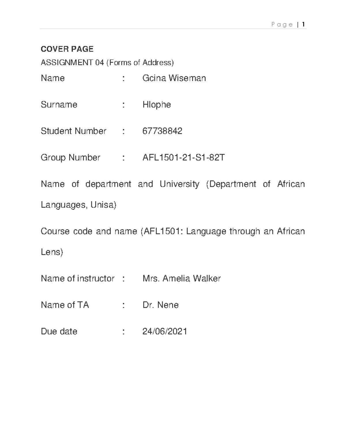 afl1501 assignment 4 forms of address