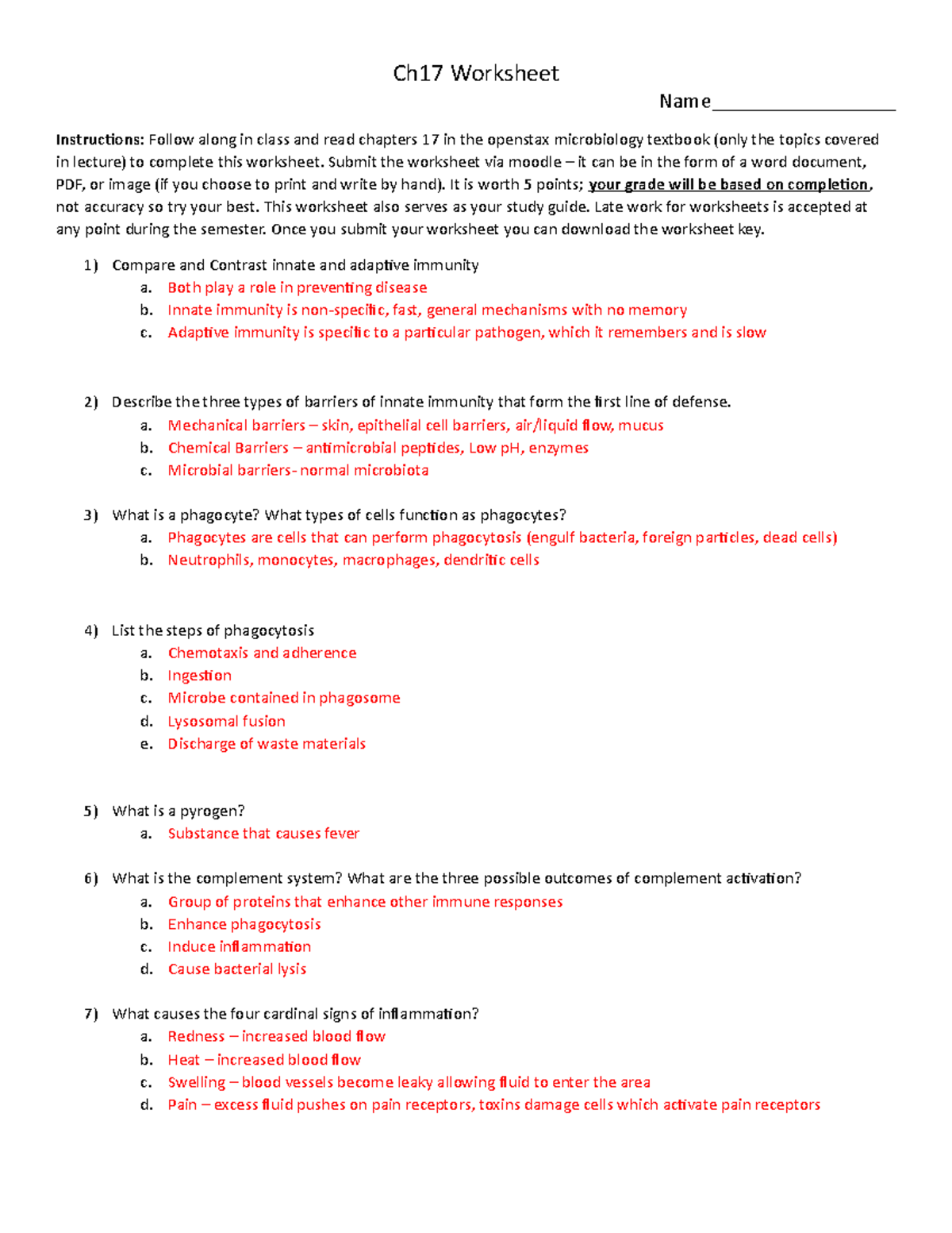 Ch17 Worksheet Key Answer Key To Chapter 17 Ch17 Worksheet Name 