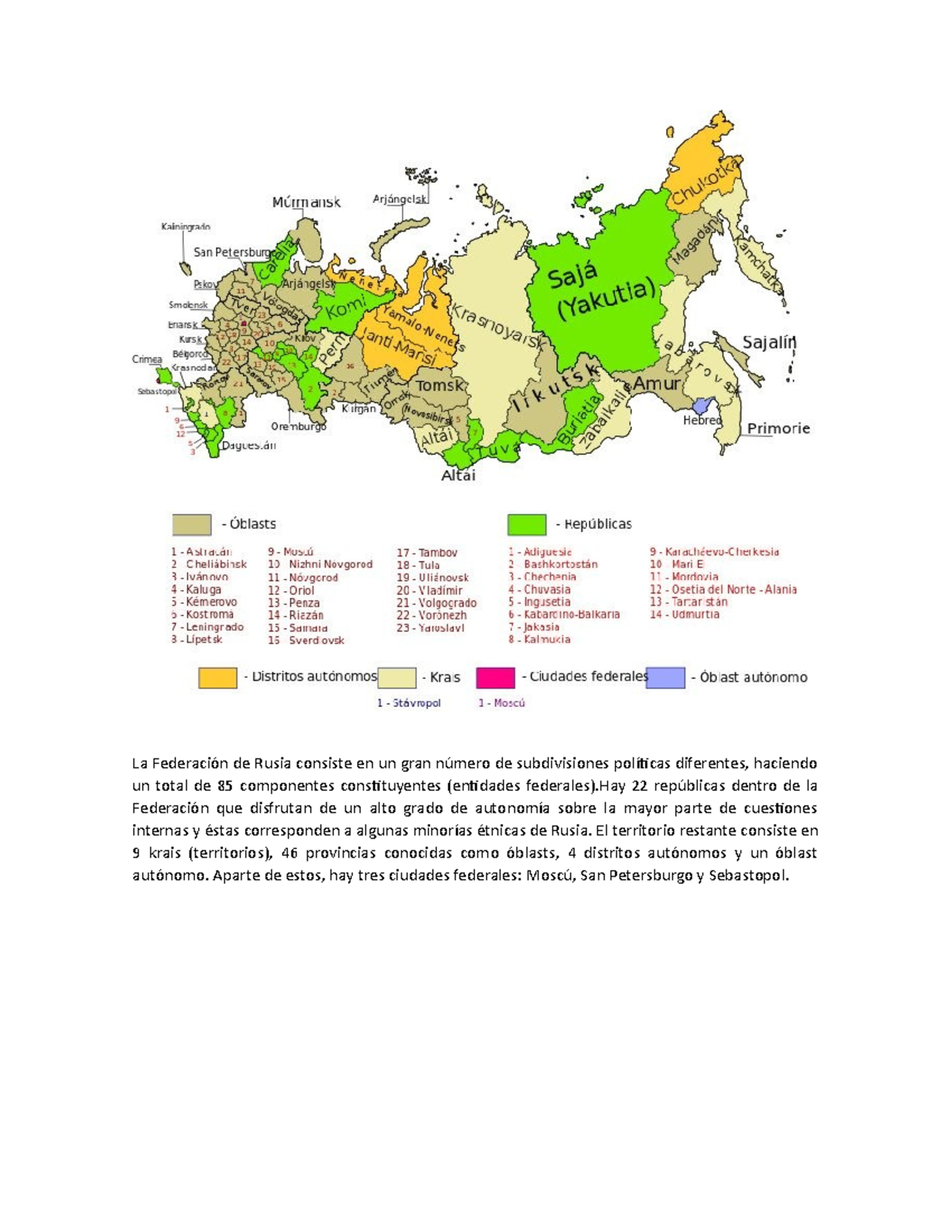 La Federación de Rusia consiste en un gran número de subdivisiones