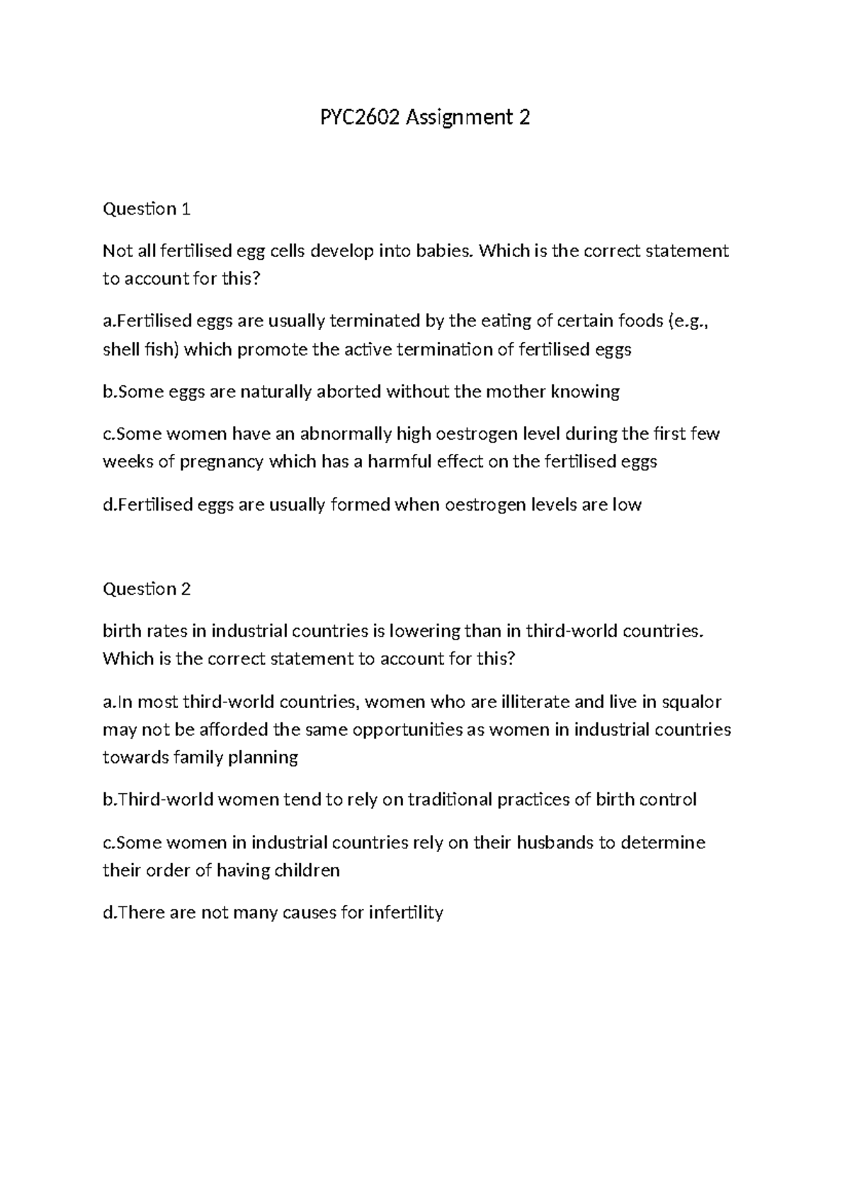 PYC2602 Assignment 2 - Which is the correct statement to account for ...