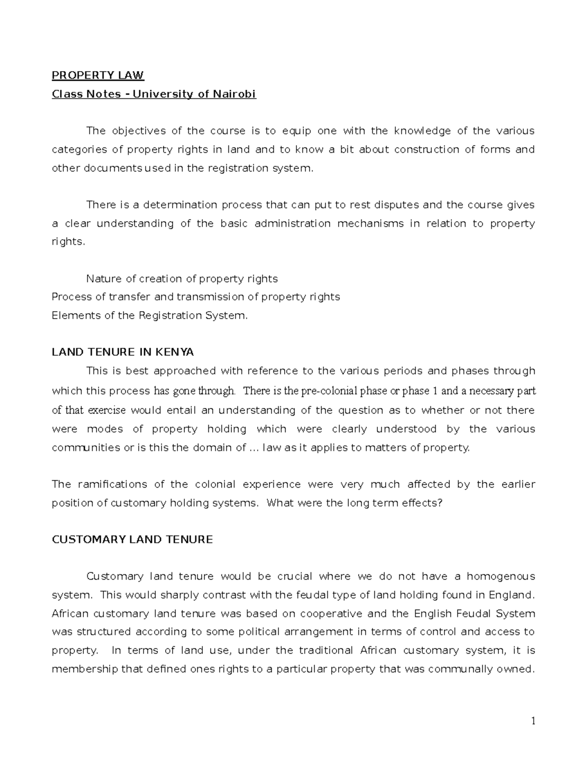 Property law kenyan perspective PROPERTY LAW Class Notes University