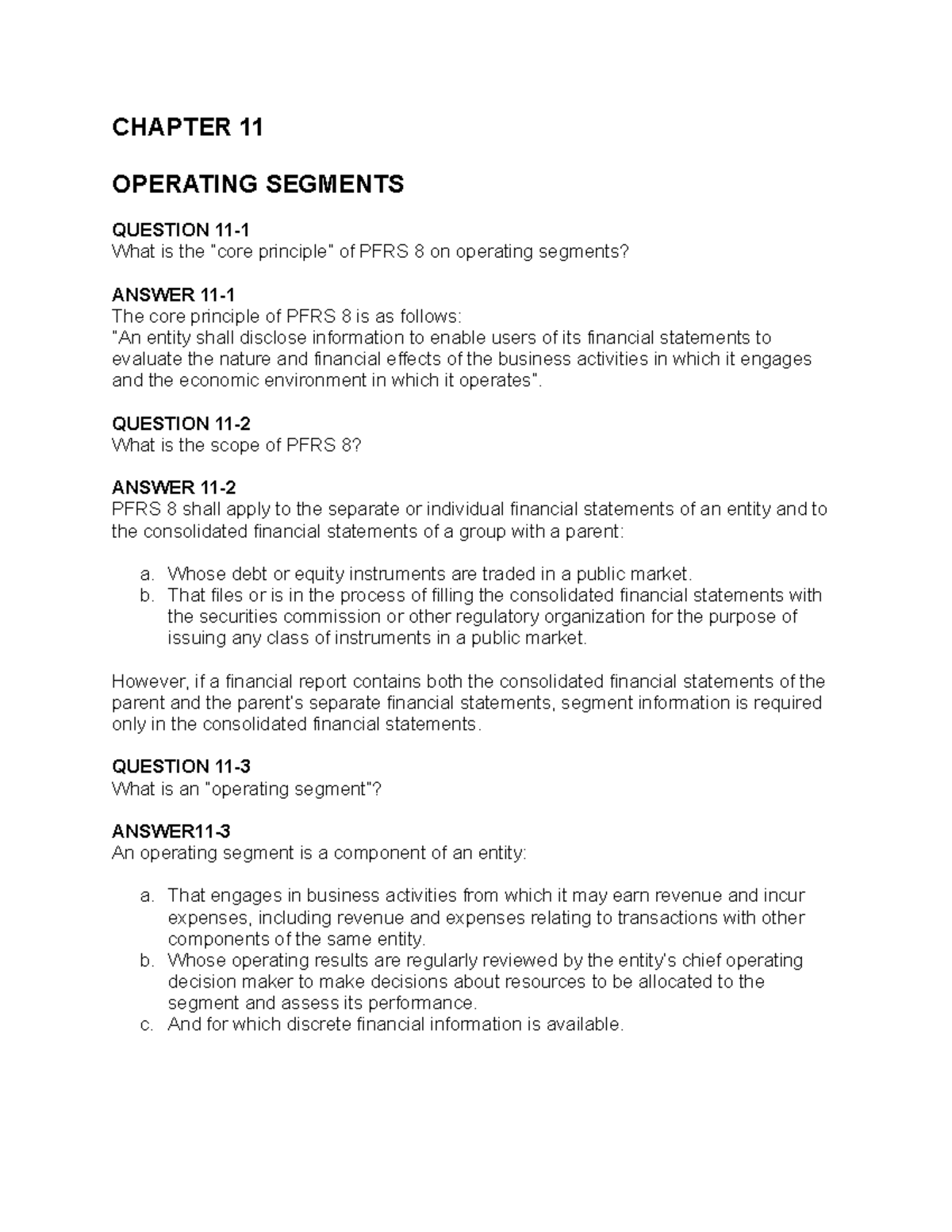 Chapter 11 Operating Segments - CHAPTER 11 OPERATING SEGMENTS QUESTION ...