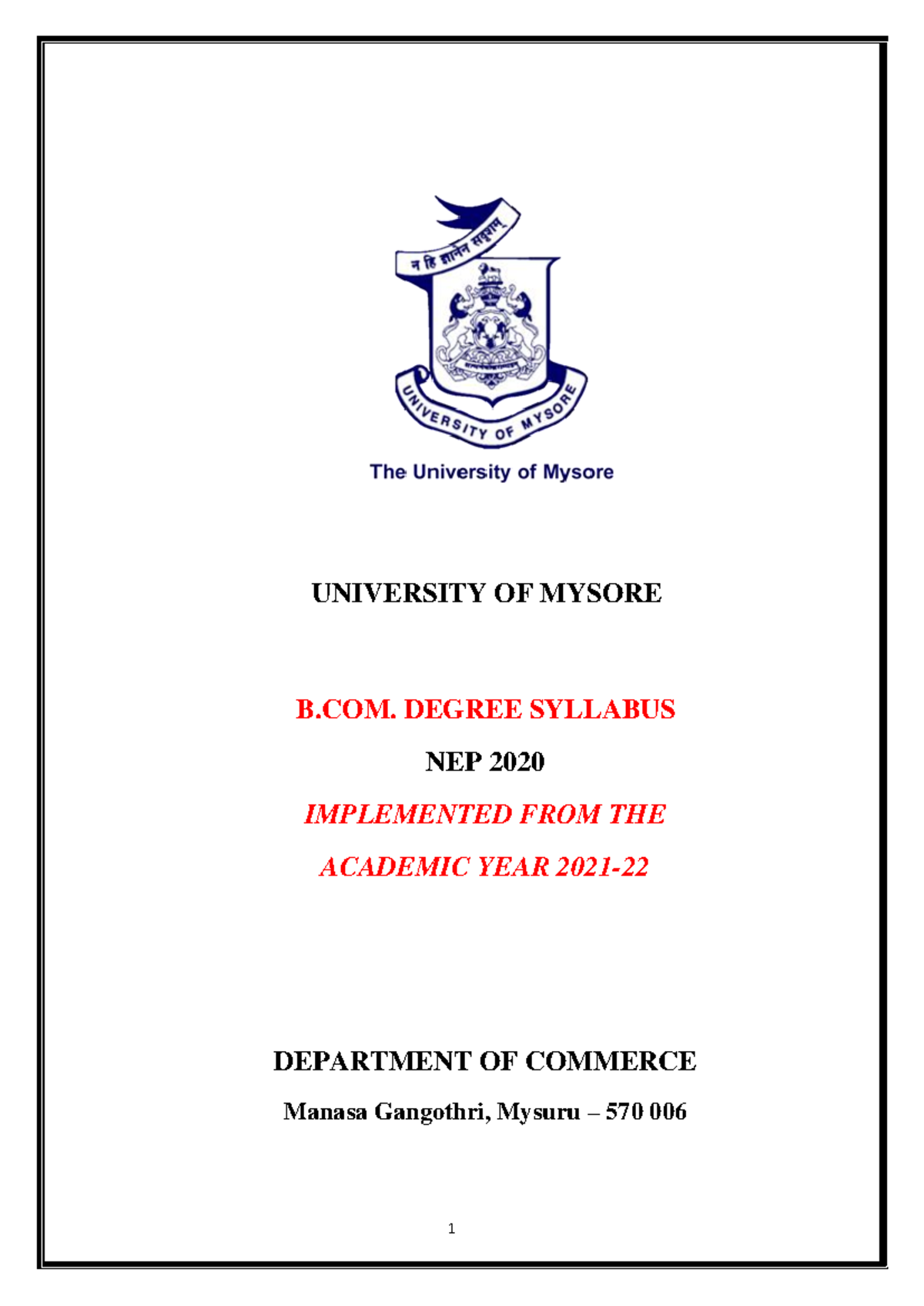 B. Com Syllabus - UNIVERSITY OF MYSORE B. DEGREE SYLLABUS NEP 2020 ...