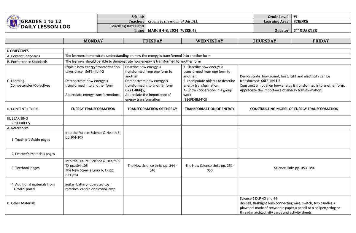 DLL Science 6 Q3 W6 - Dll - GRADES 1 To 12 DAILY LESSON LOG School ...