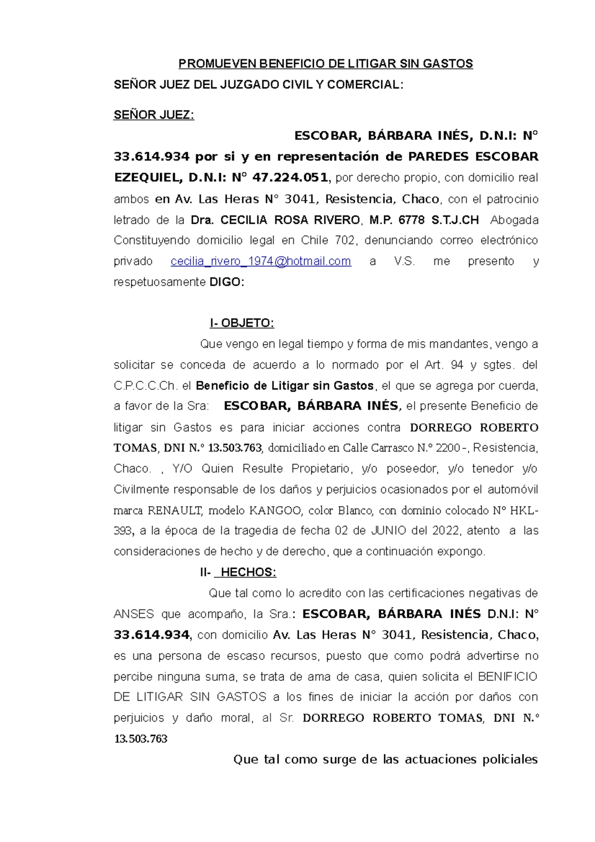 Beneficio Escobar - PROMUEVEN BENEFICIO DE LITIGAR SIN GASTOS SEÑOR ...