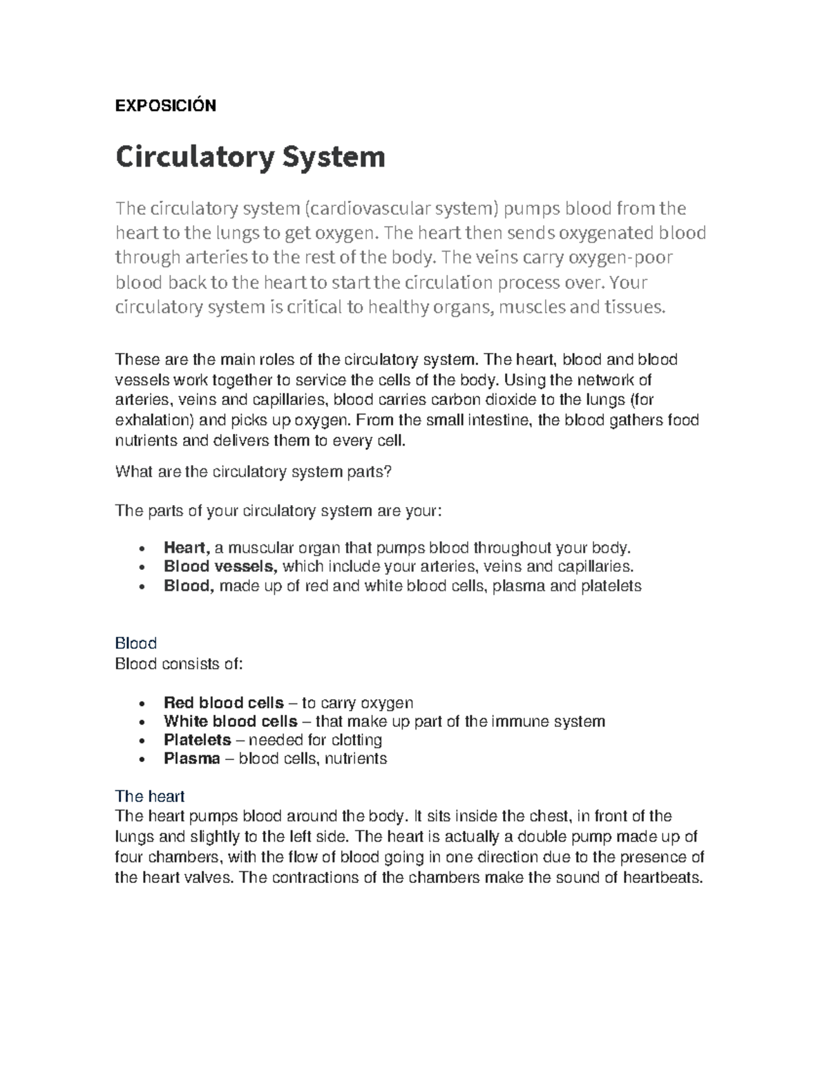 Circulatory System Exposition - EXPOSICIÓN Circulatory System The ...