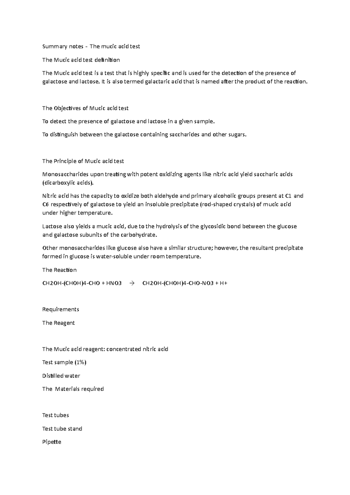 Summary notes - The mucic acid test - It is also termed galactaric acid ...