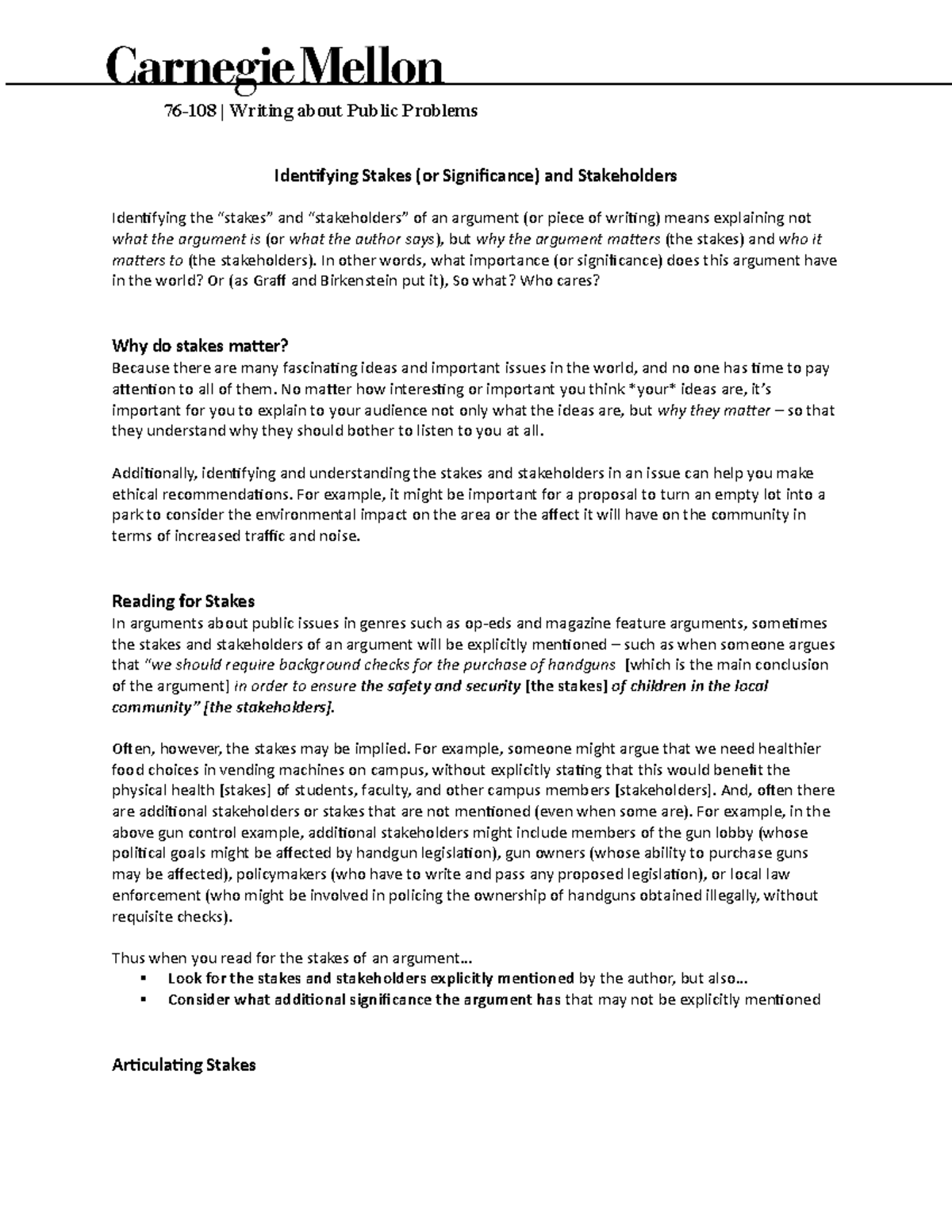 Stakes Handout - General course info - 76-108 | Writing about Public ...