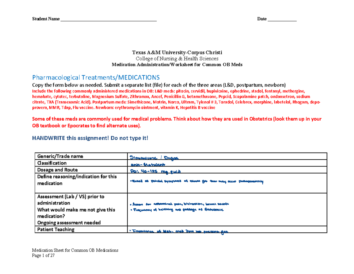 Postpartum Meds Medication Sheet for Common OB Medications Texas A&M