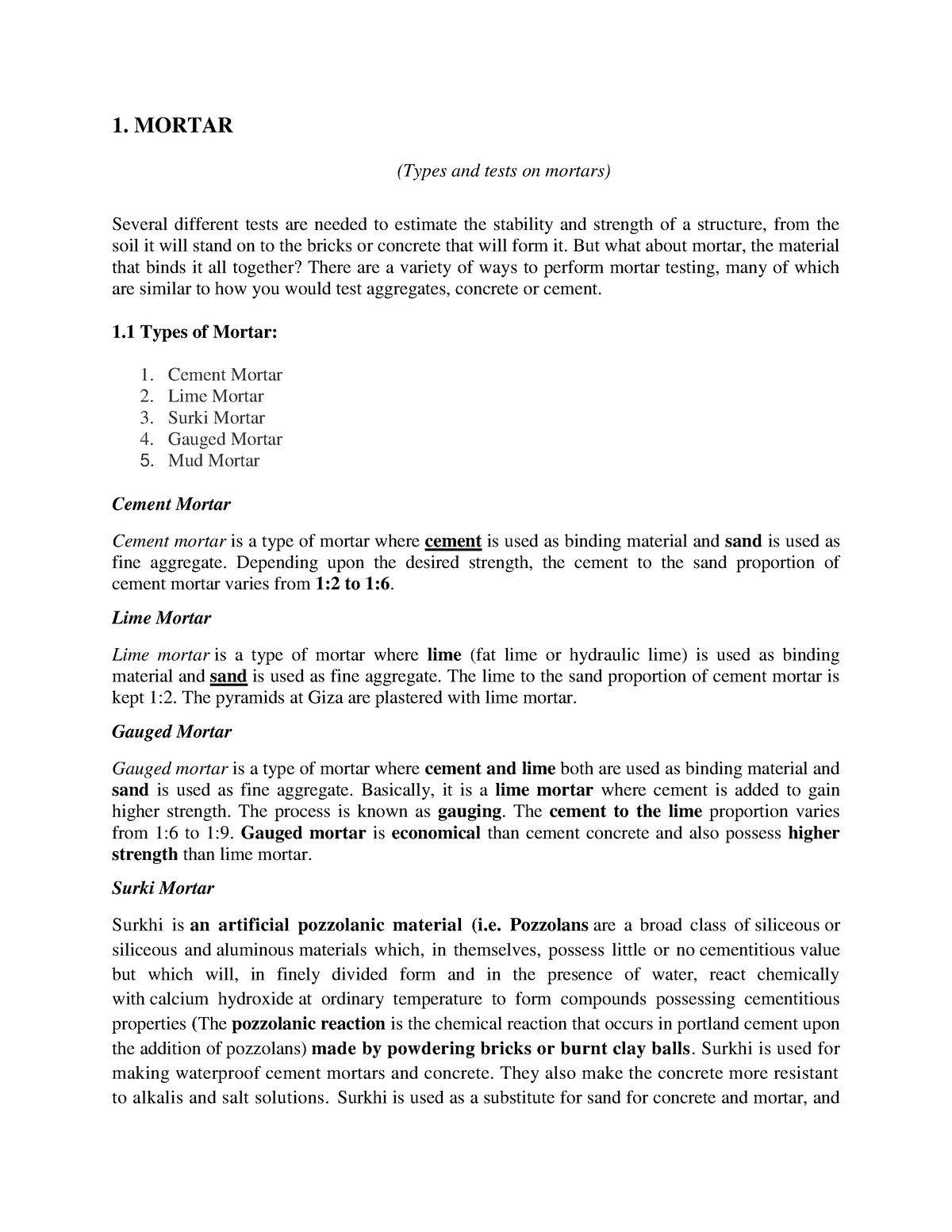 Civil Engineering Materials And Constructions - 1. MORTAR (Types And ...