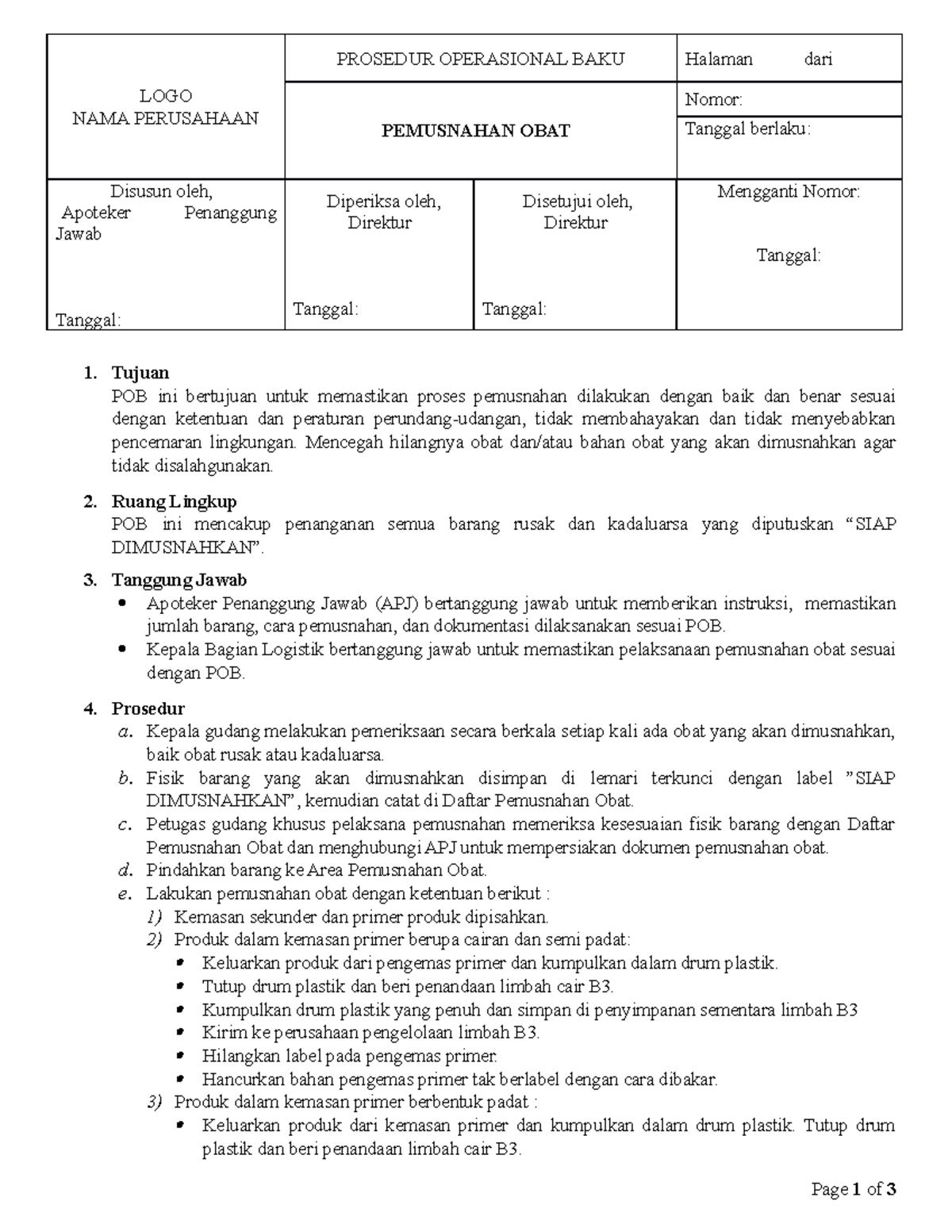 4.8 POB Pemusnahan OBAT - LOGO NAMA PERUSAHAAN PROSEDUR OPERASIONAL ...