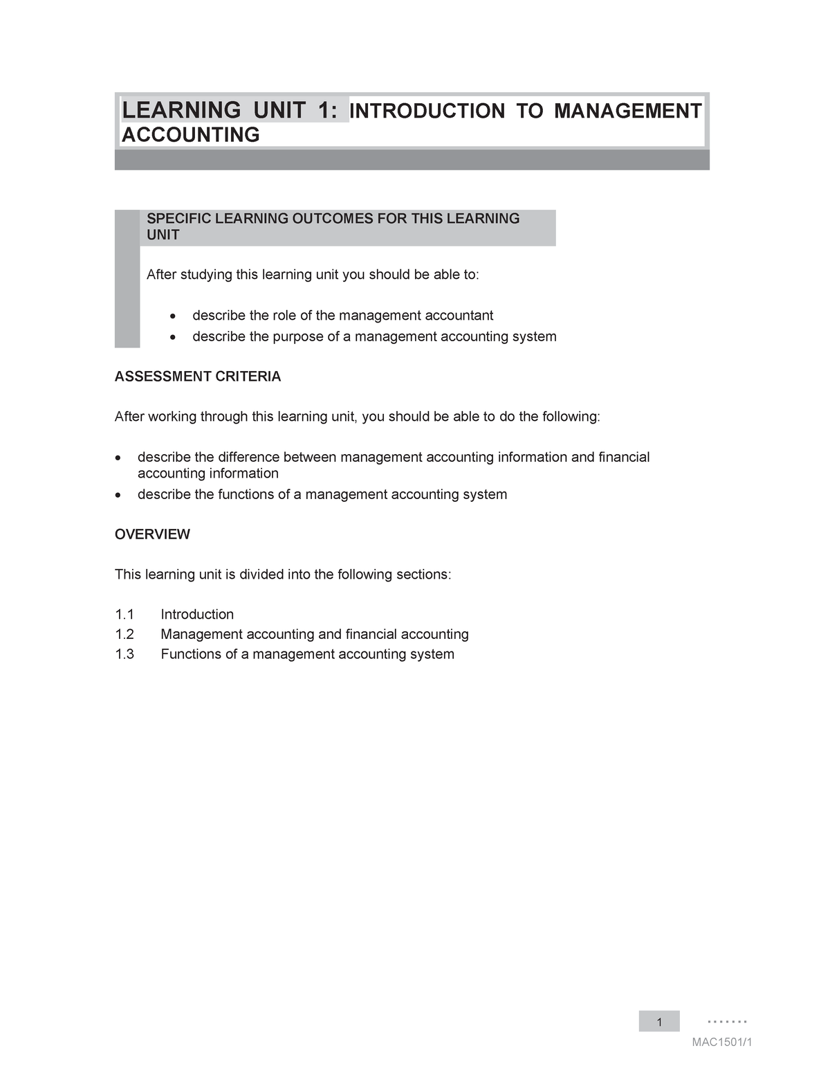 Learning Unit 1 - Notes On Management Accounting - ....... MAC1501/ 1 ...