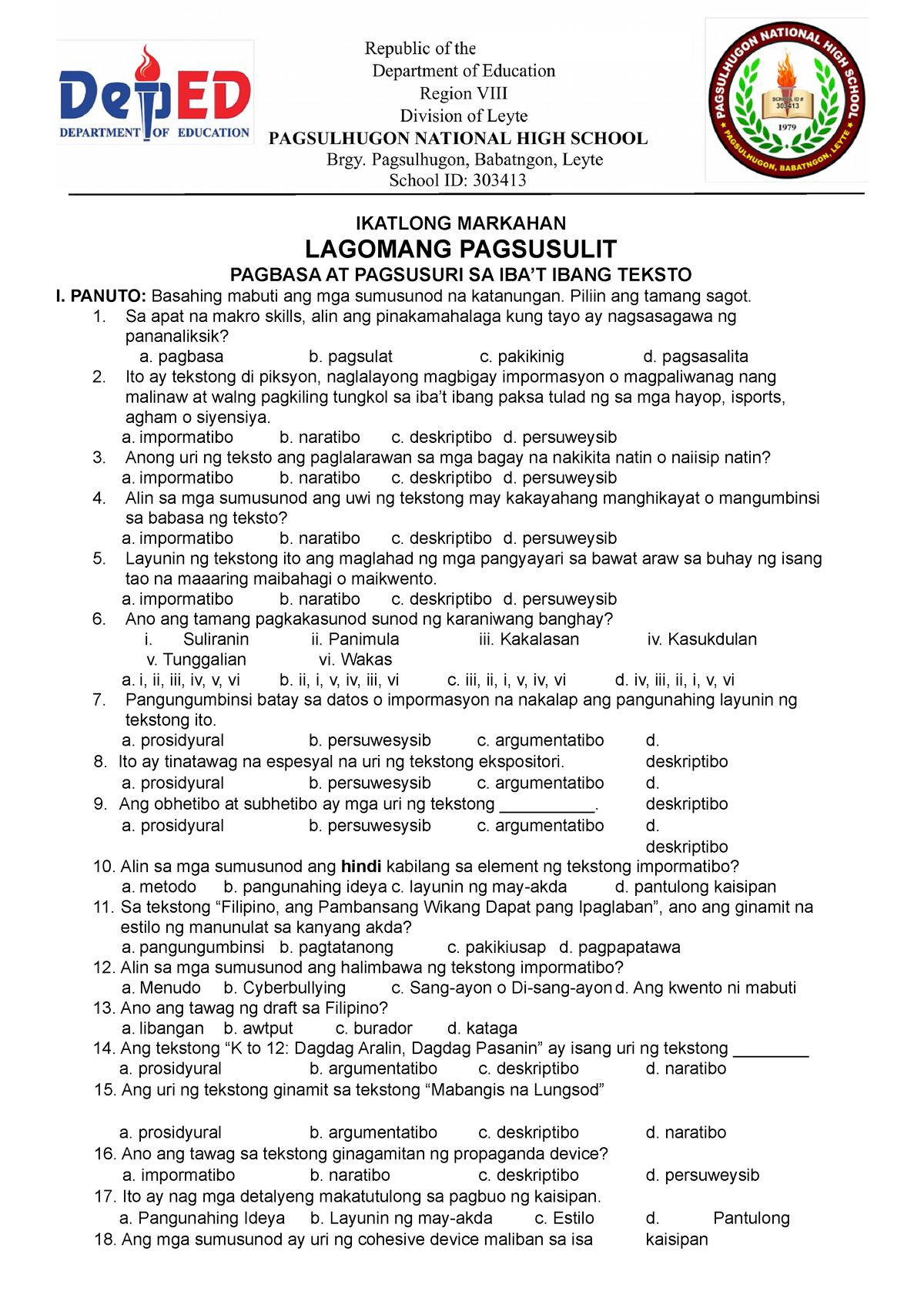 Summative Test Pagbasa At Pagsusuri Ikalawang Lagumang Pagsusulit Sa My Xxx Hot Girl