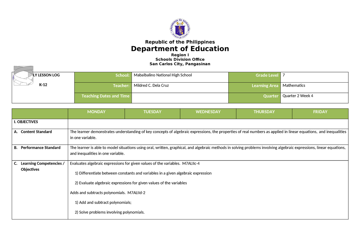 Math 7 Dll Q2 Week4 - Sample Dll - Republic Of The Philippines 