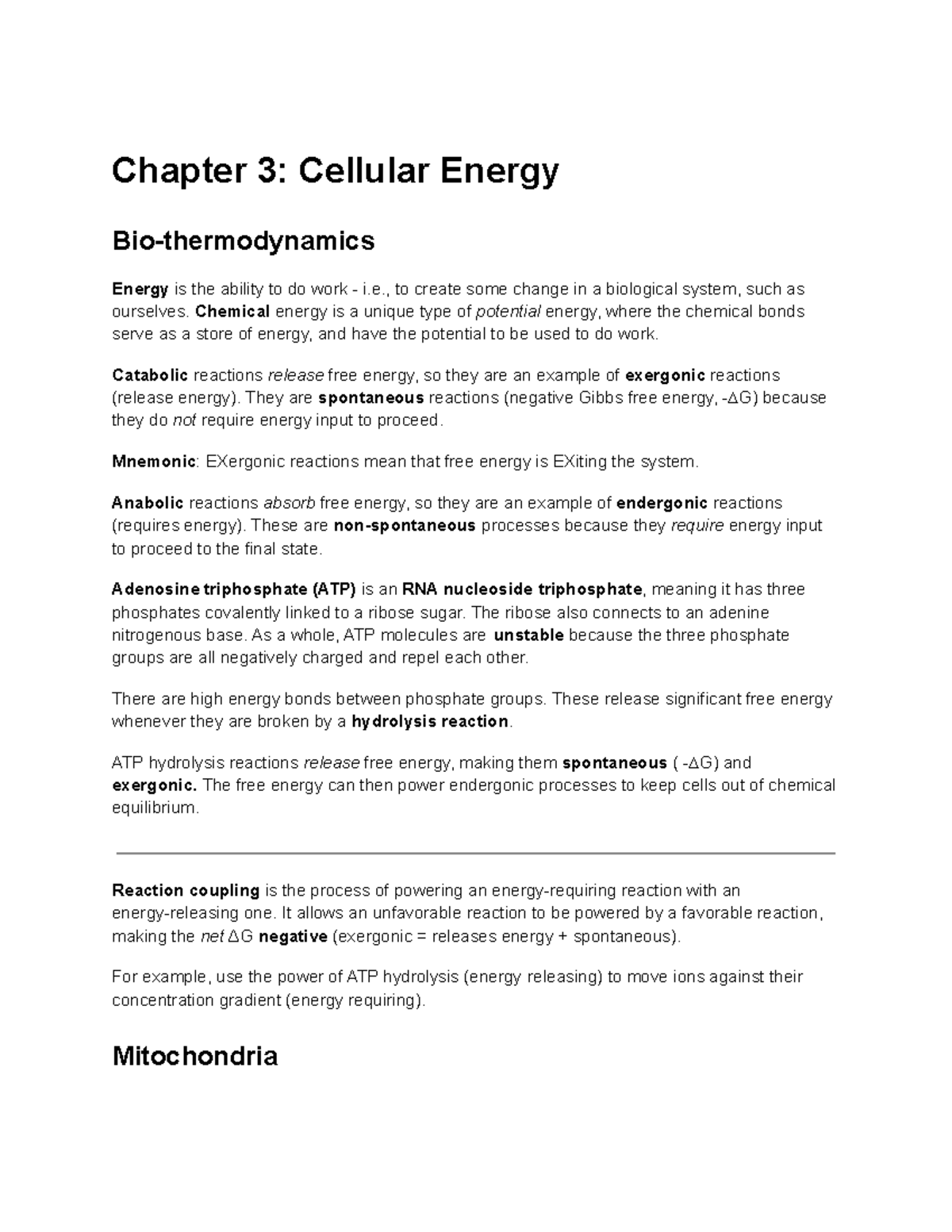Intro Cellular Energy Lecture notes 3 Chapter 3 Cellular Energy