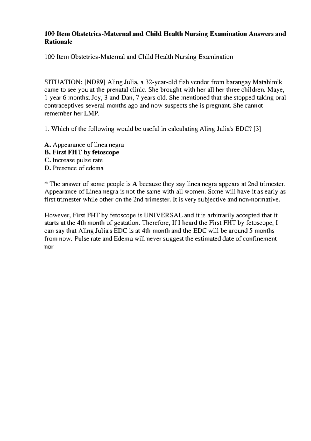 Maternal and Child Nursing Exam 100 Item ObstetricsMaternal and