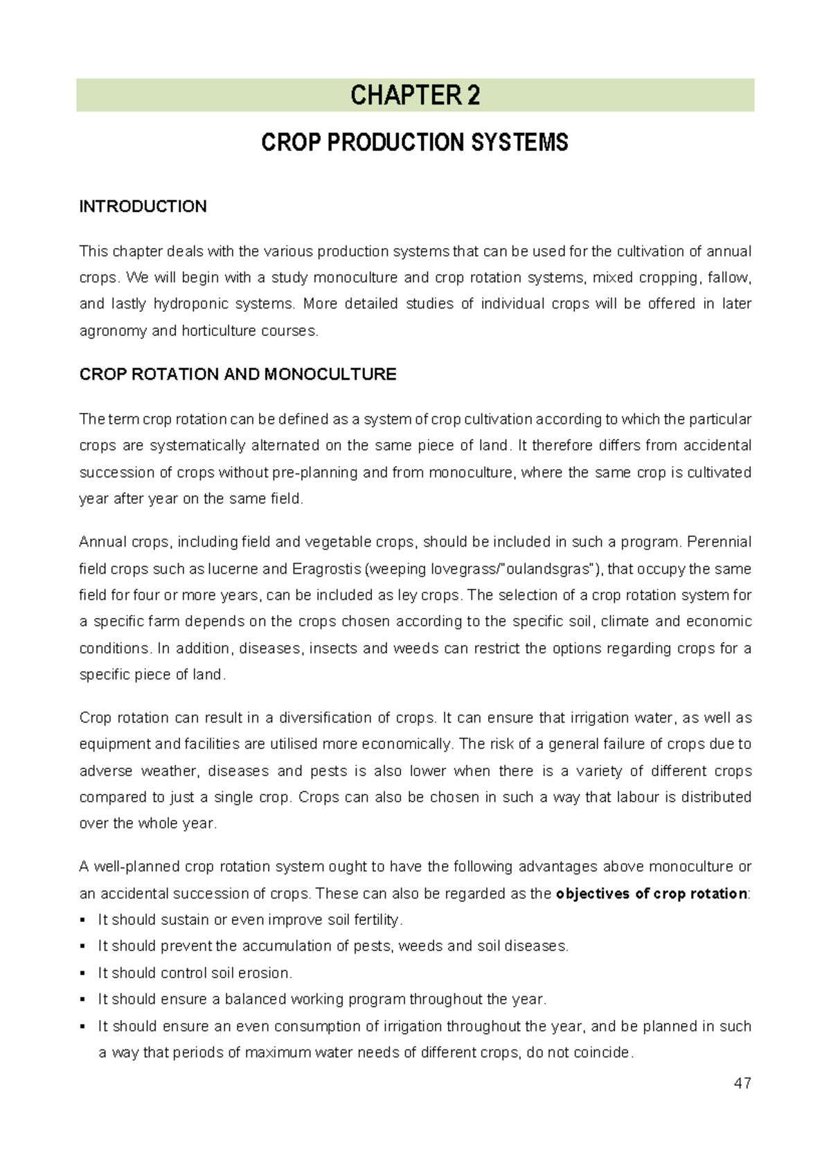 Chapter 2 - CHAPTER 2 CROP PRODUCTION SYSTEMS INTRODUCTION This chapter ...