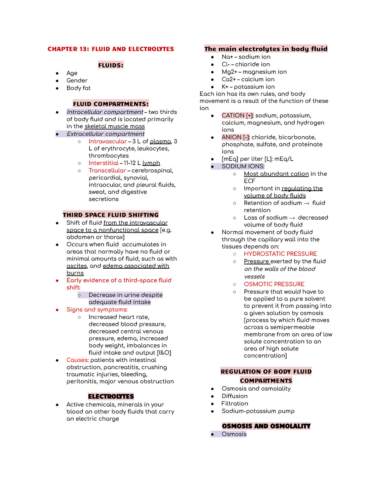 Notes- Chapter 13 Fluid AND Electrolytes - CHAPTER 13: FLUID AND ...