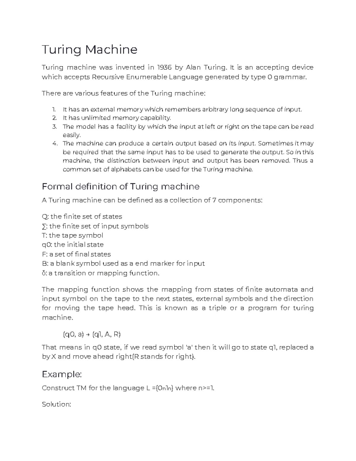 Unit - 4 Notes - Turing Machine Turing machine was invented in 1936 by ...