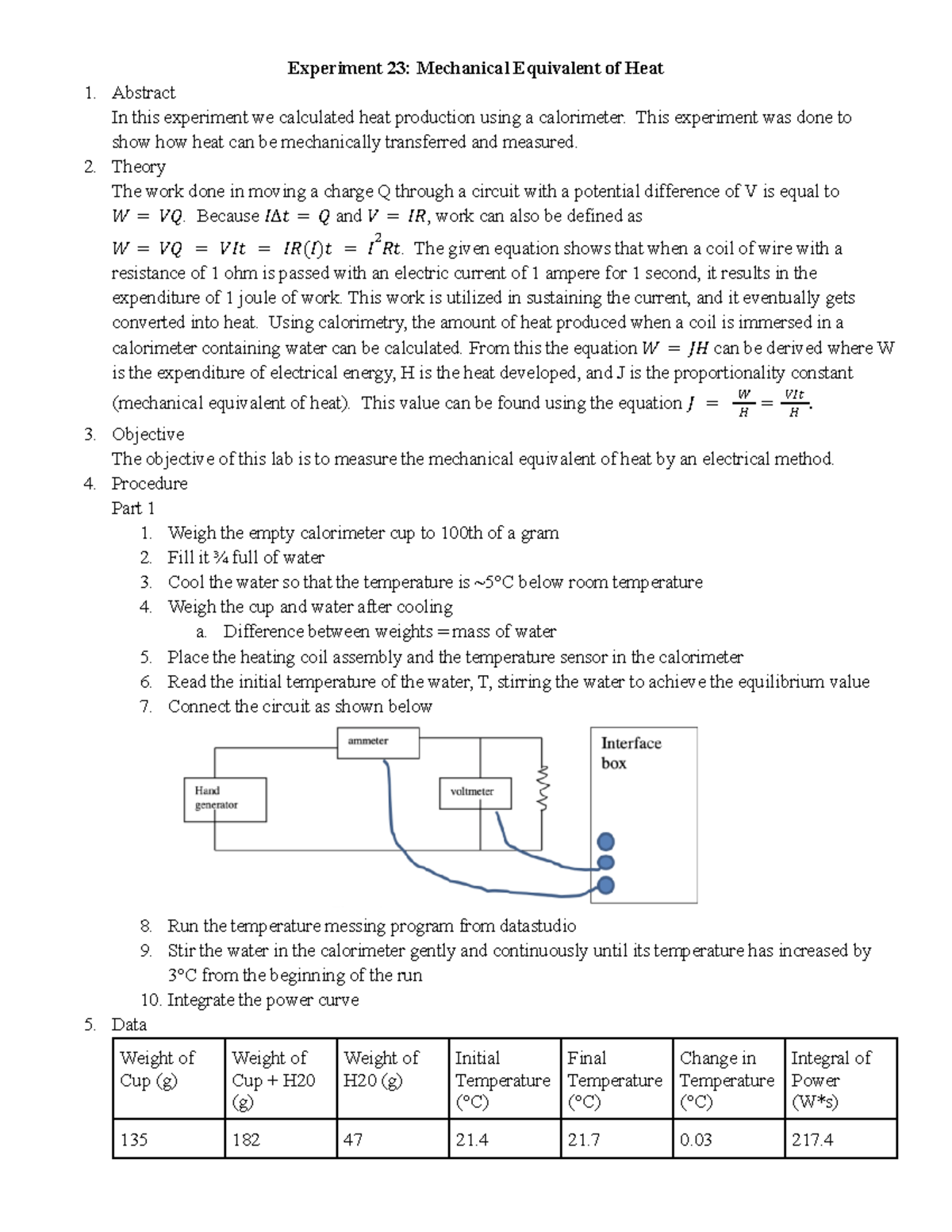 Experiment 23 Lab Report Experiment 23 Mechanical Equivalent of Heat