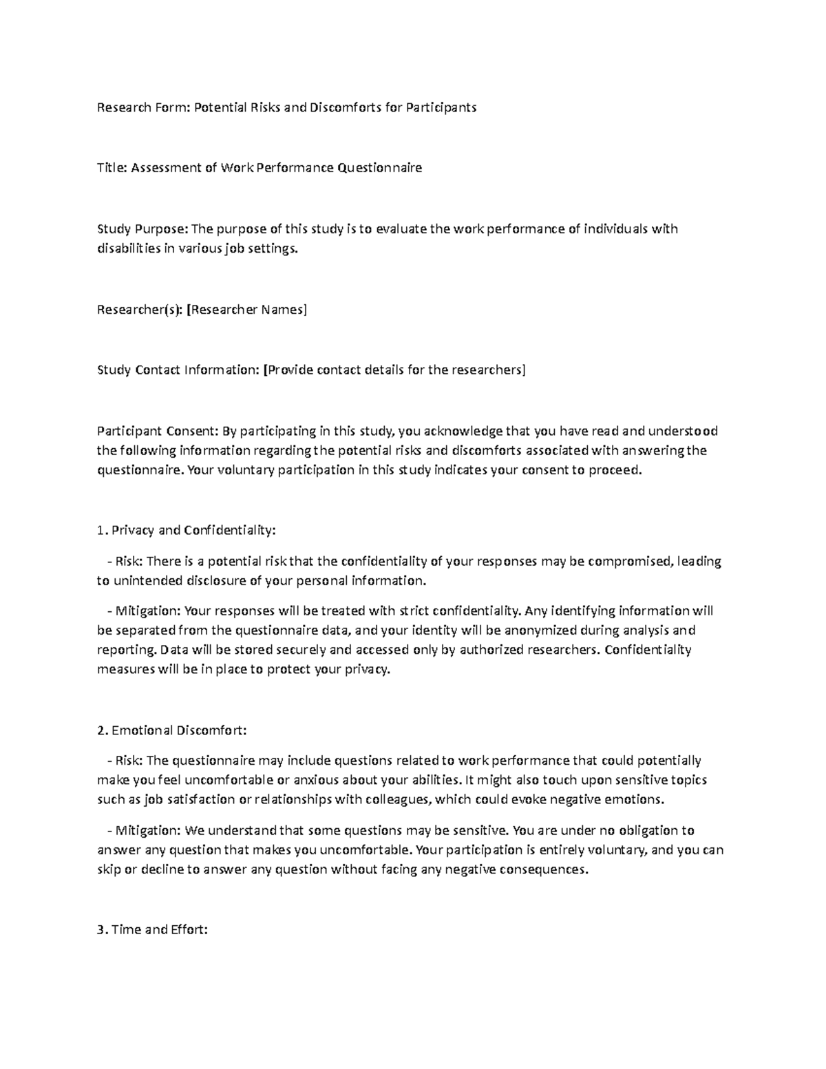 Bannntotoaasdasd - Research Form: Potential Risks and Discomforts for ...