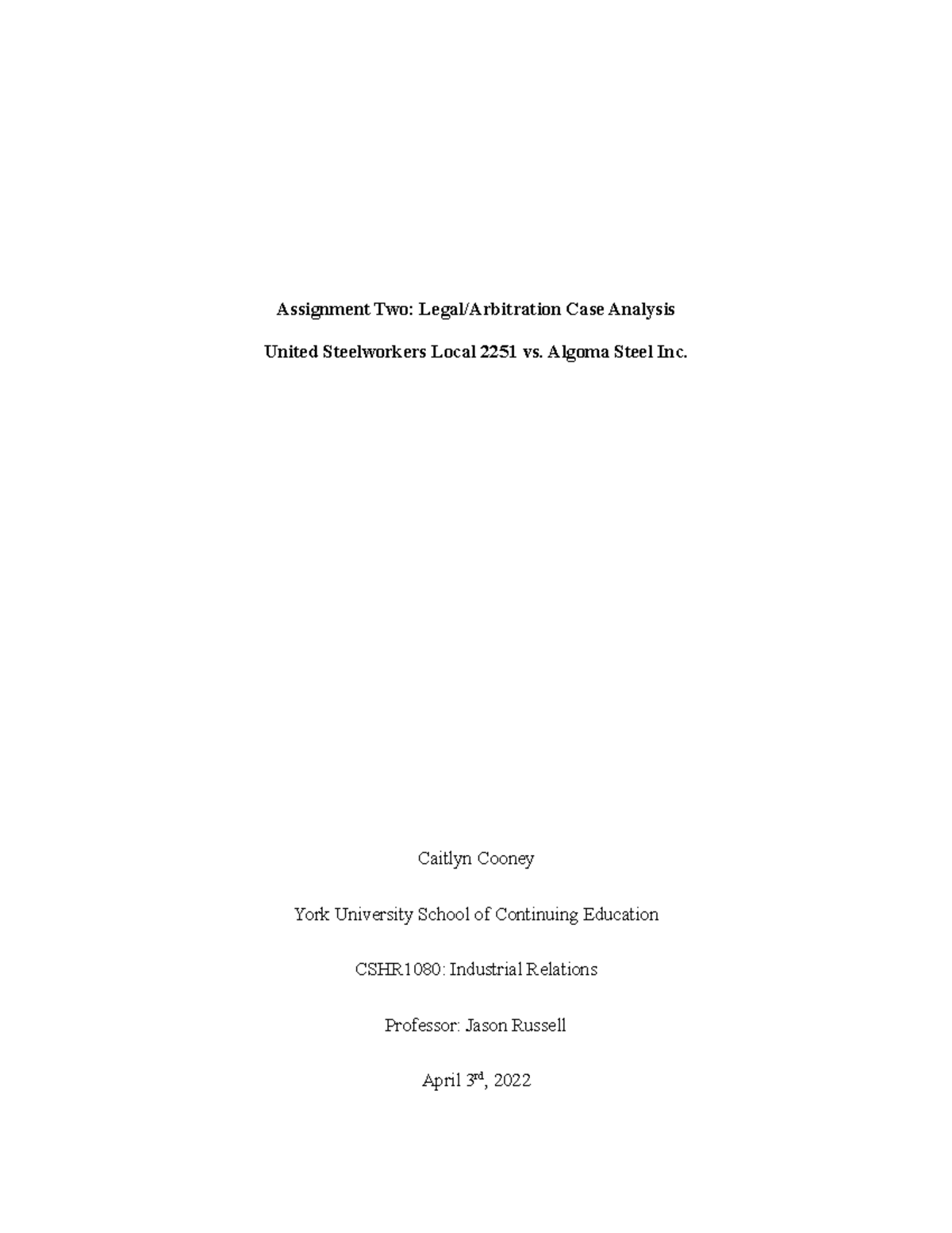 Assignment Two Legal Arbitration Case Analysis Final Assignment Two