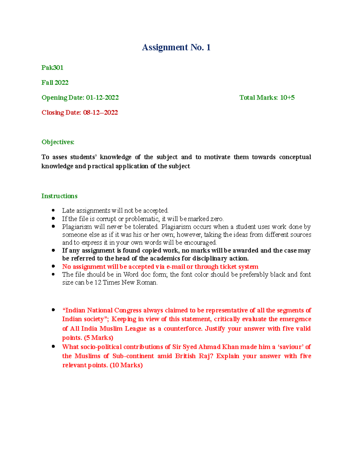Fall 2022 PAK301 1 - Virtual University of Pakistan - Assignment No. 1 ...