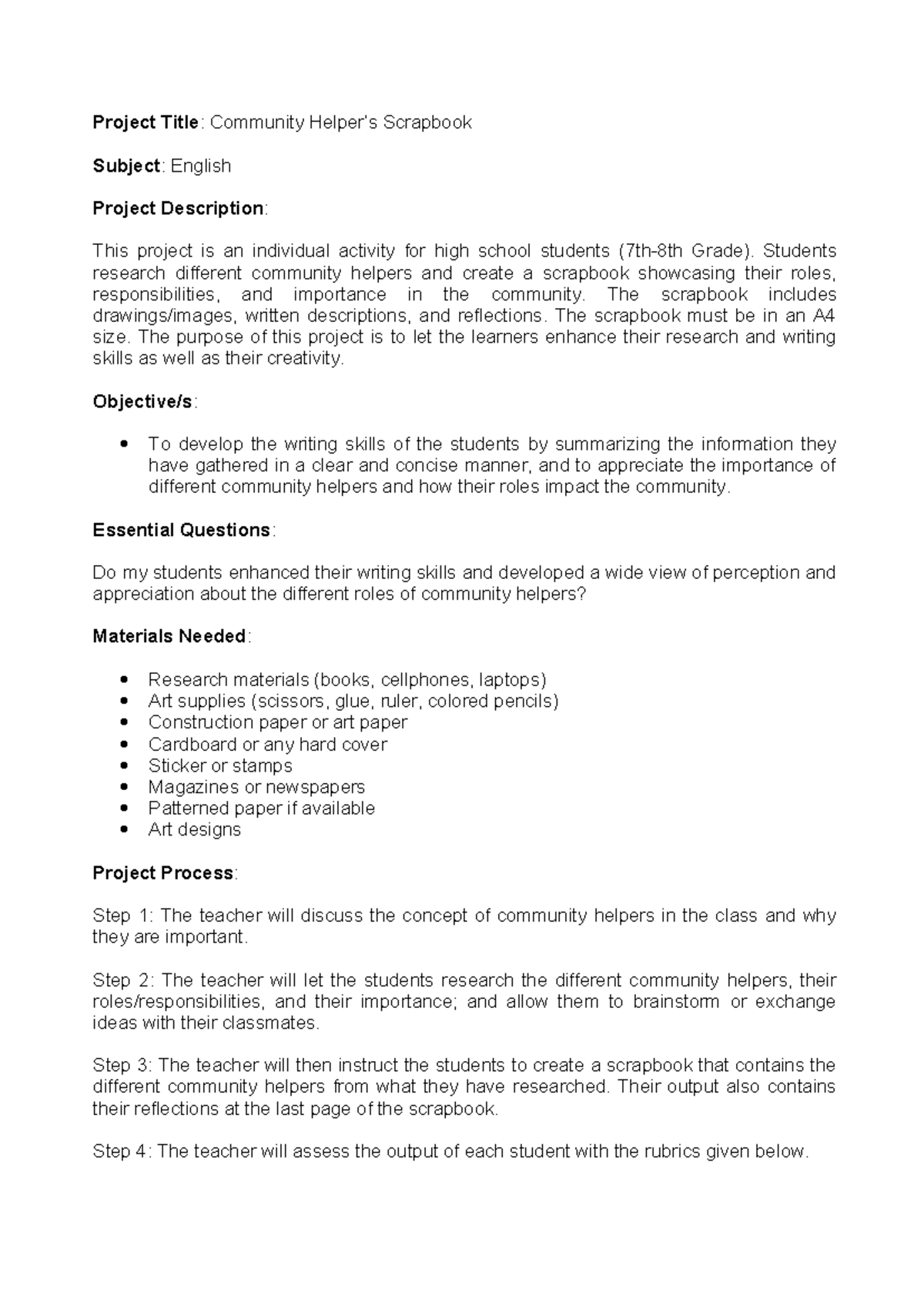 Project based Learning Individual - Project Title: Community Helper’s ...