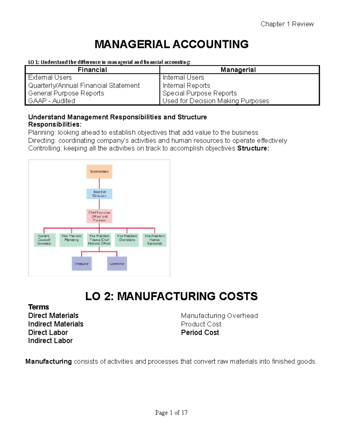 Chapter 1 REV - MANAGERIAL ACCOUNTING LO 1: Understand The Difference ...