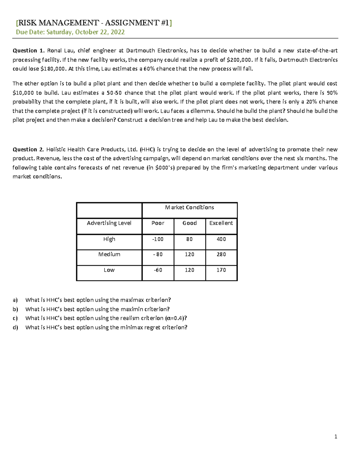 Assignment 1-Risk Management - [RISK MANAGEMENT - ASSIGNMENT #1] Due ...