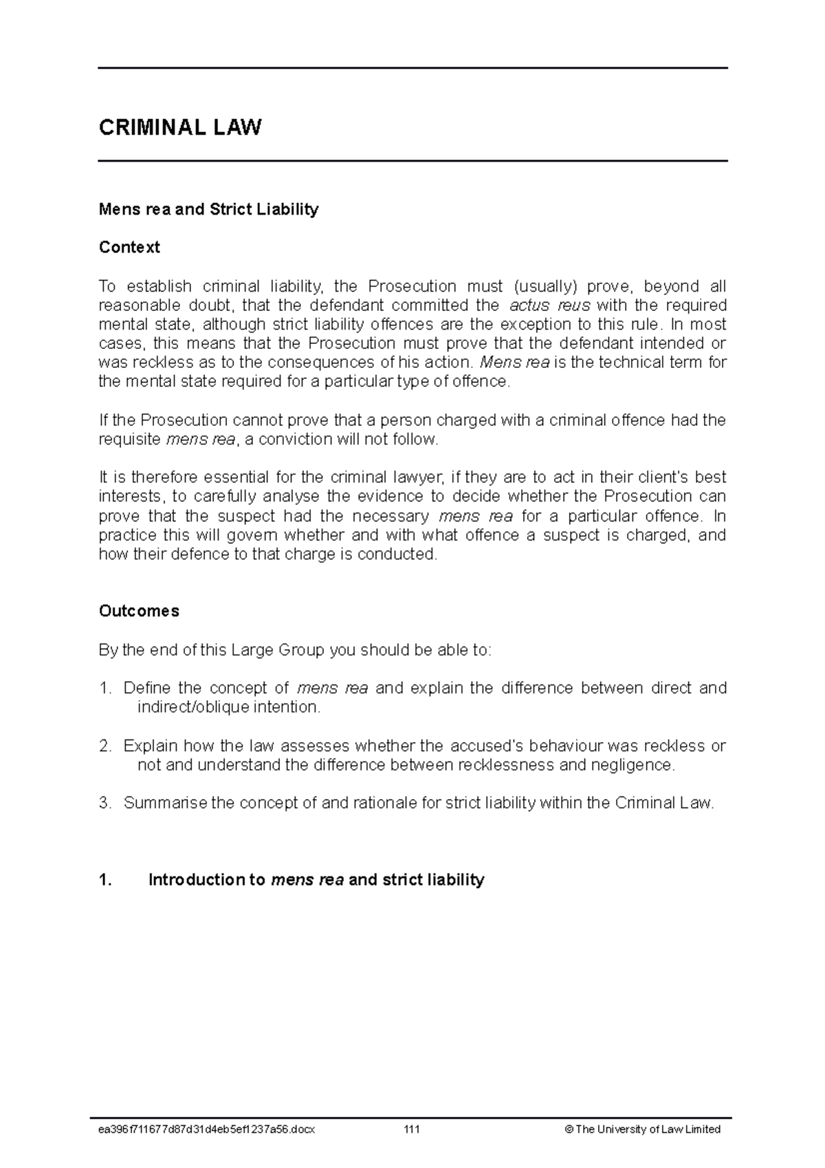 Criminal Law LG2 - Lecture notes 2 - CRIMINAL LAW Mens rea and Strict ...