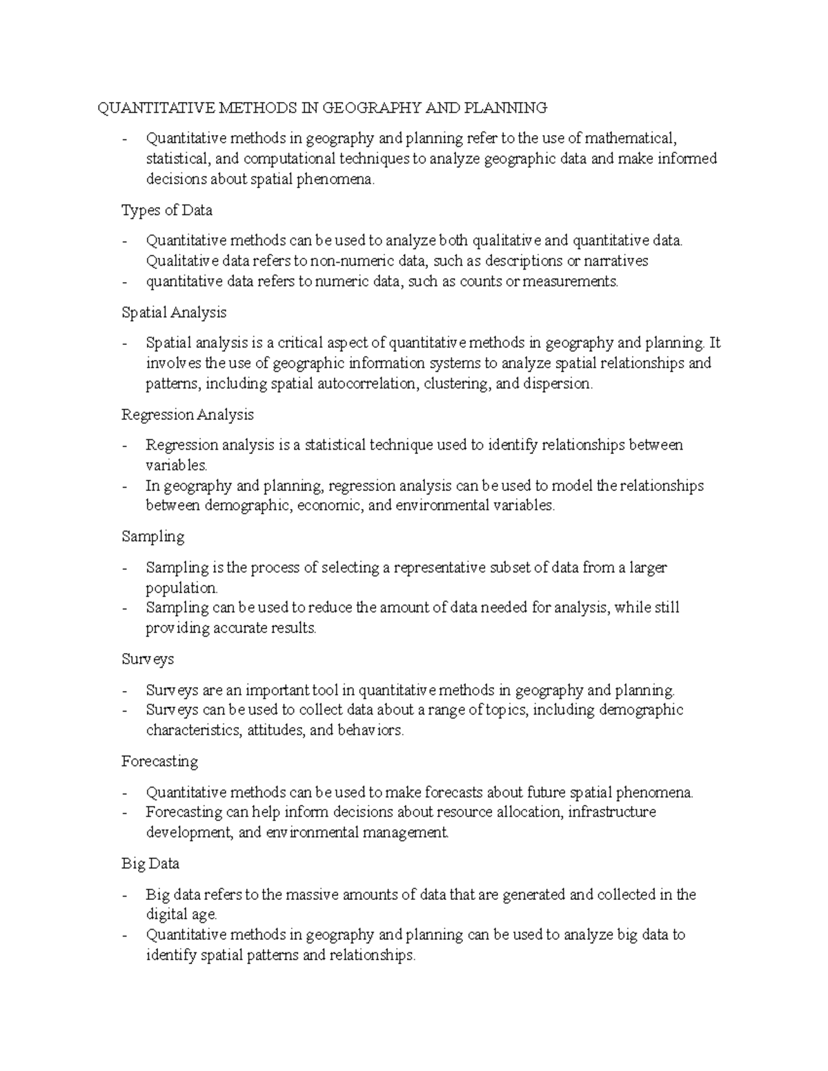 Quantitative Methods IN Geography AND Planning Notes 1 QUANTITATIVE