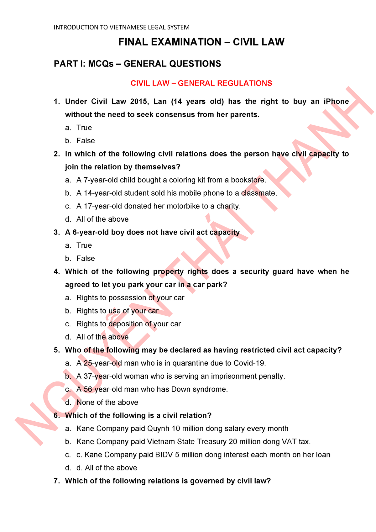 [Legal] Civil Law - MCQs + Case Study TA Copy - FINAL EXAMINATION ...