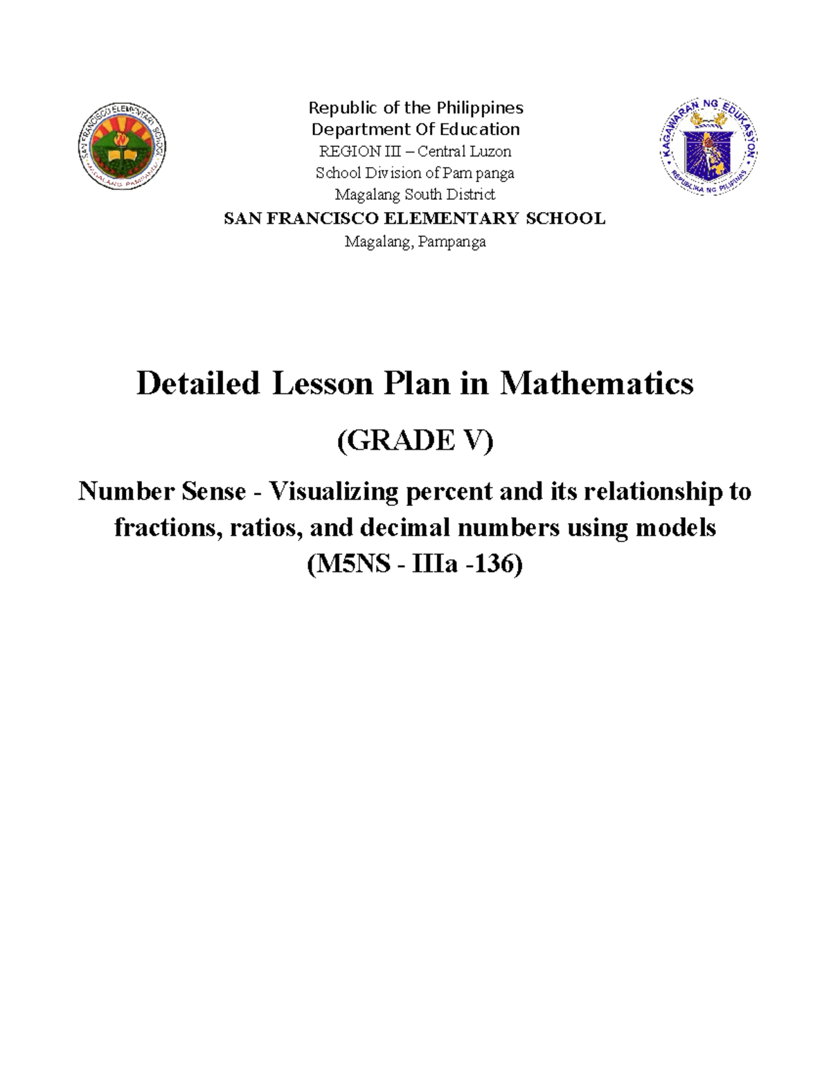 DLP MATH 5 ( Percent) - A detailed lesson plan in mathematics 5 ...