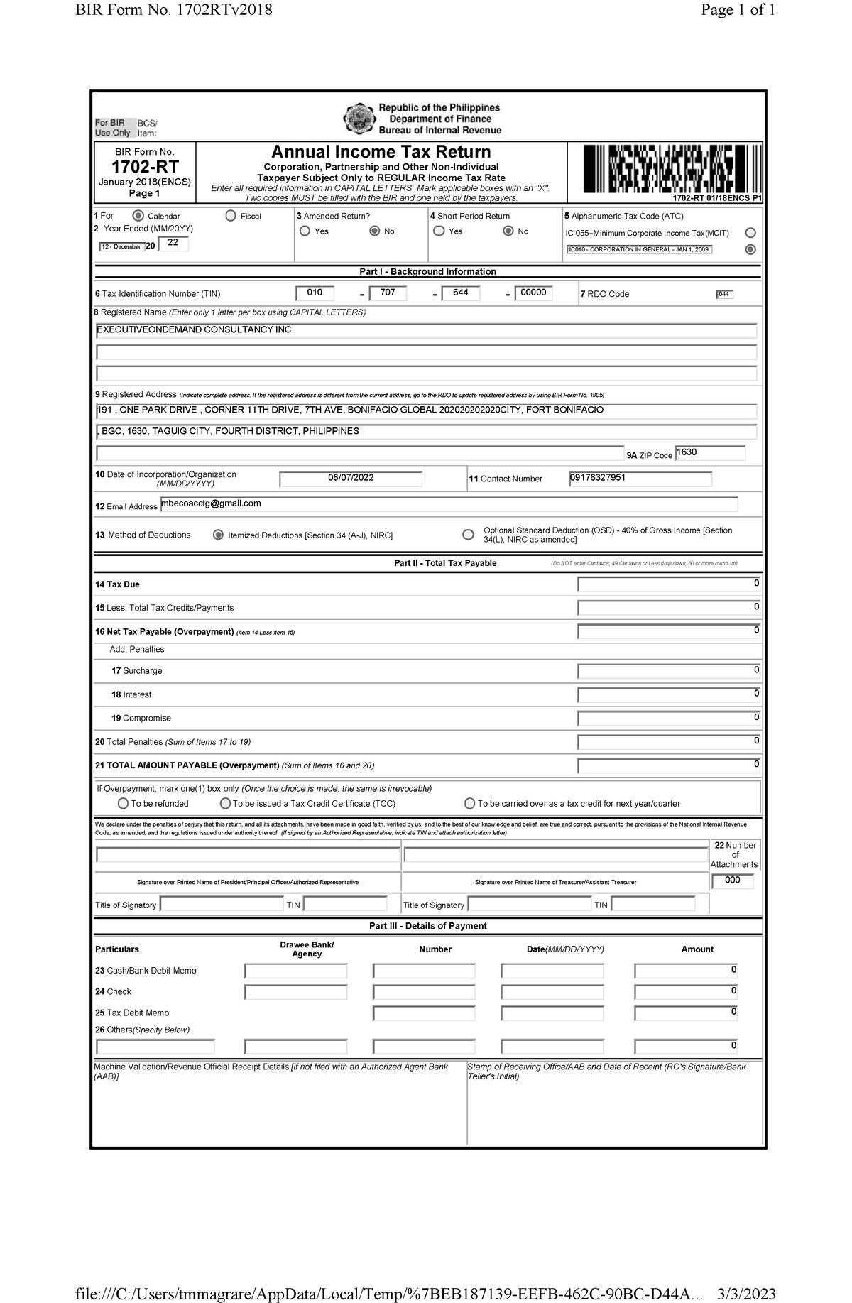 EOD 2022 SAMPLE - BIR Form No. 1702-RT January 2018(ENCS) Page 1 Annual ...