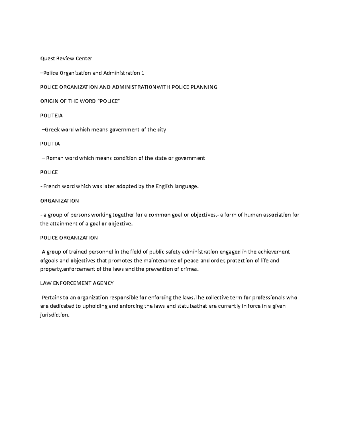 LEA1N-WPS Office - NOTES - Quest Review Center –Police Organization and ...