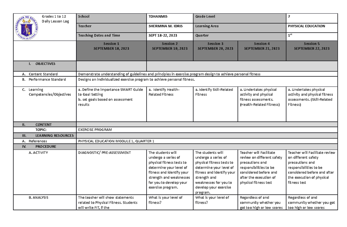 DLL Mapeh WEEK 4 - Grades 1 to 12 Daily Lesson Log School TDHANMIS ...