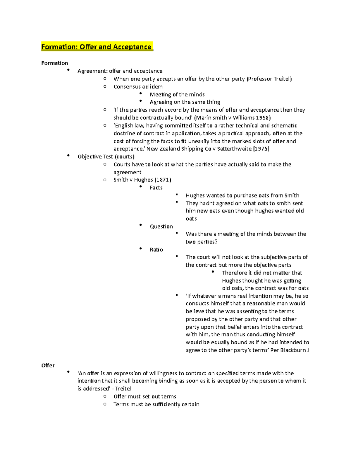 Contract law 1 full semester notes - Formation: Offer and Acceptance ...