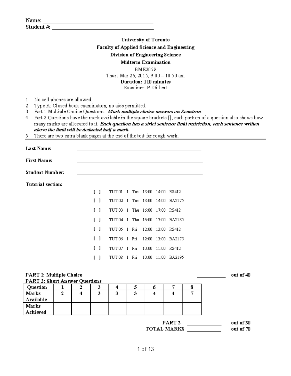 Exam, March 2015- Questions and Answers - Name: Student University of ...