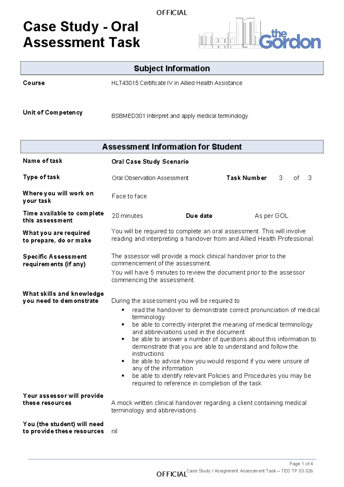 HLTAAP001 Recognise healthy body systems - OFFICIAL OFFICIAL Case Study ...