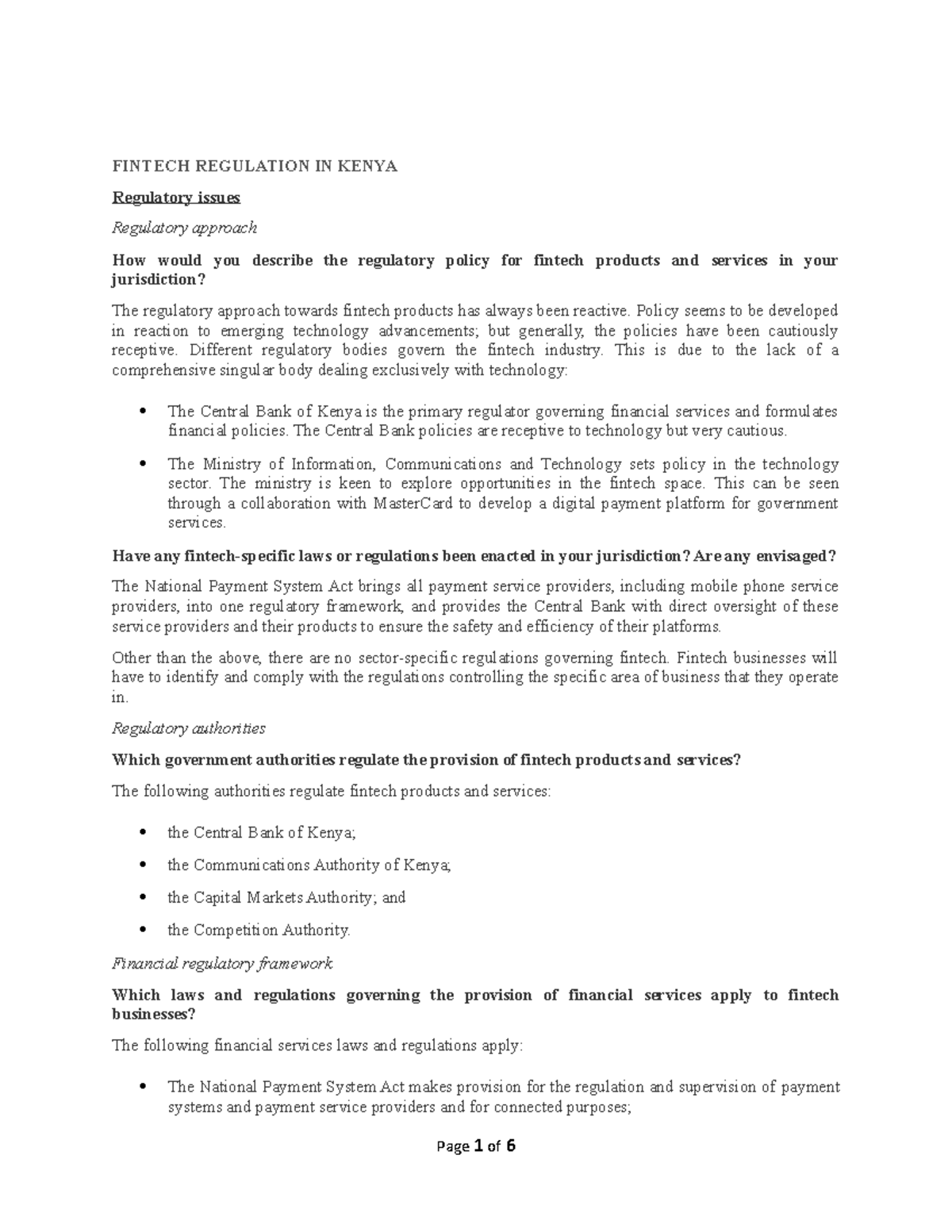 Regulation in Kenya FINTECH REGULATION IN KENYA Regulatory