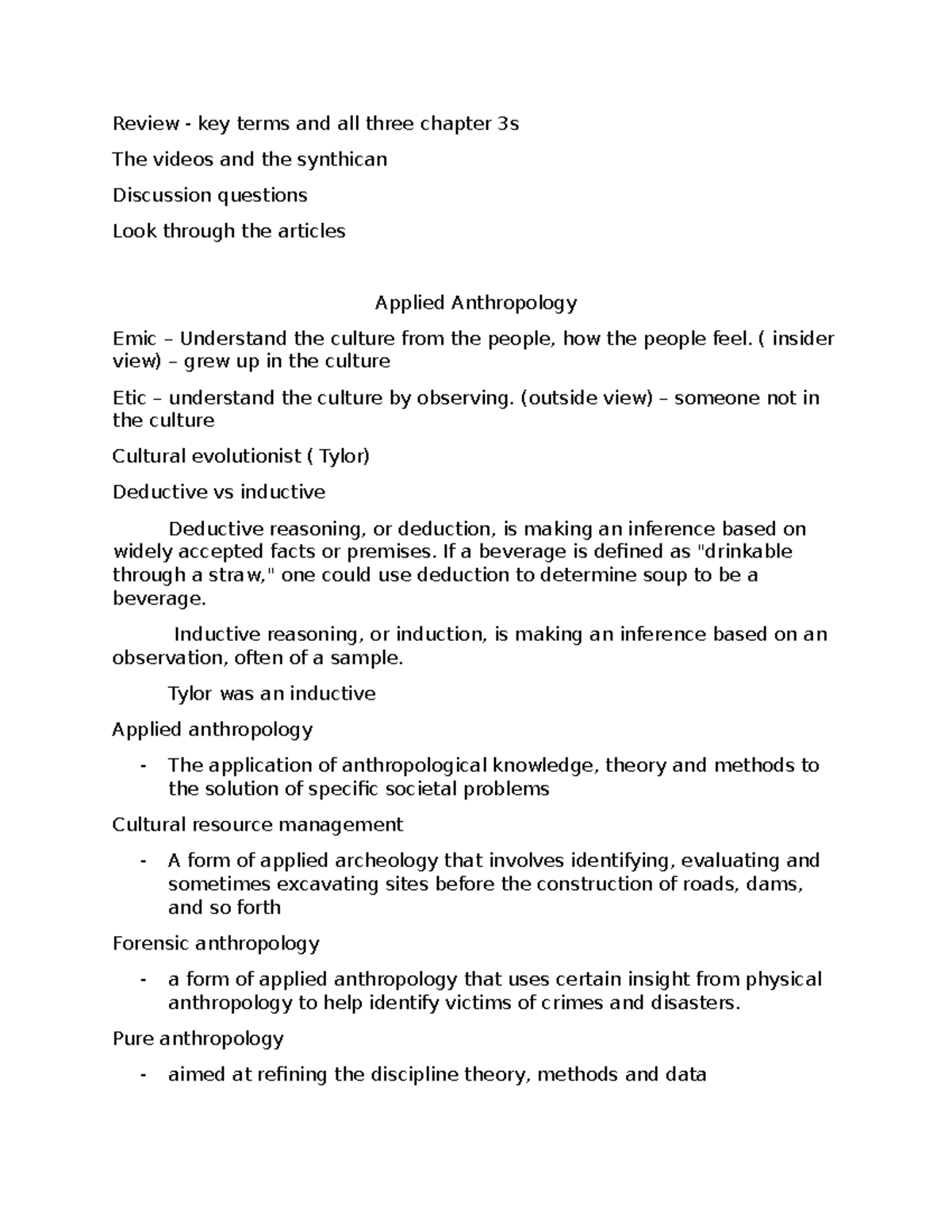 Applied Anthrology - Notes - Review - key terms and all three chapter ...